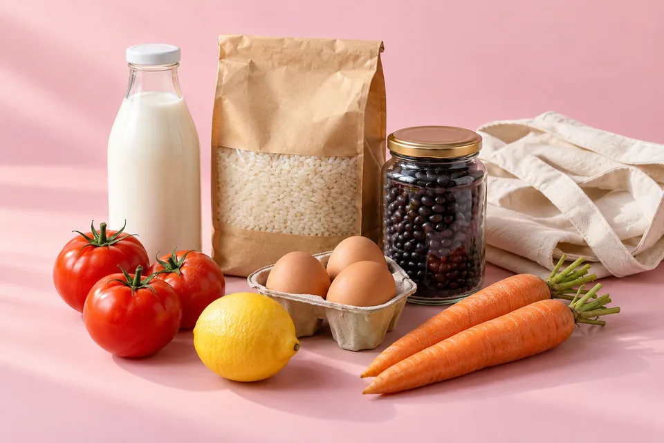 Leche, arroz, frijoles y vegetales sobre una superficie rosa