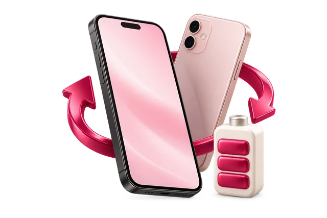 Ilustración 3D de dos teléfonos con una órbita rosa y una batería