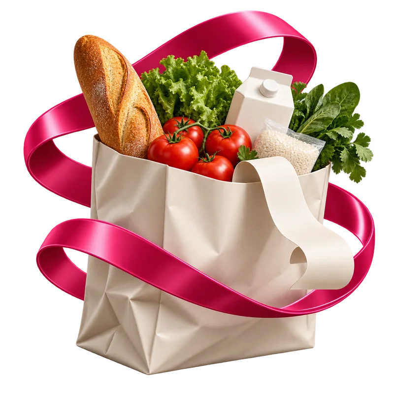 Ilustración 3D de una bolsa de despensa rodeada por una cinta rosa